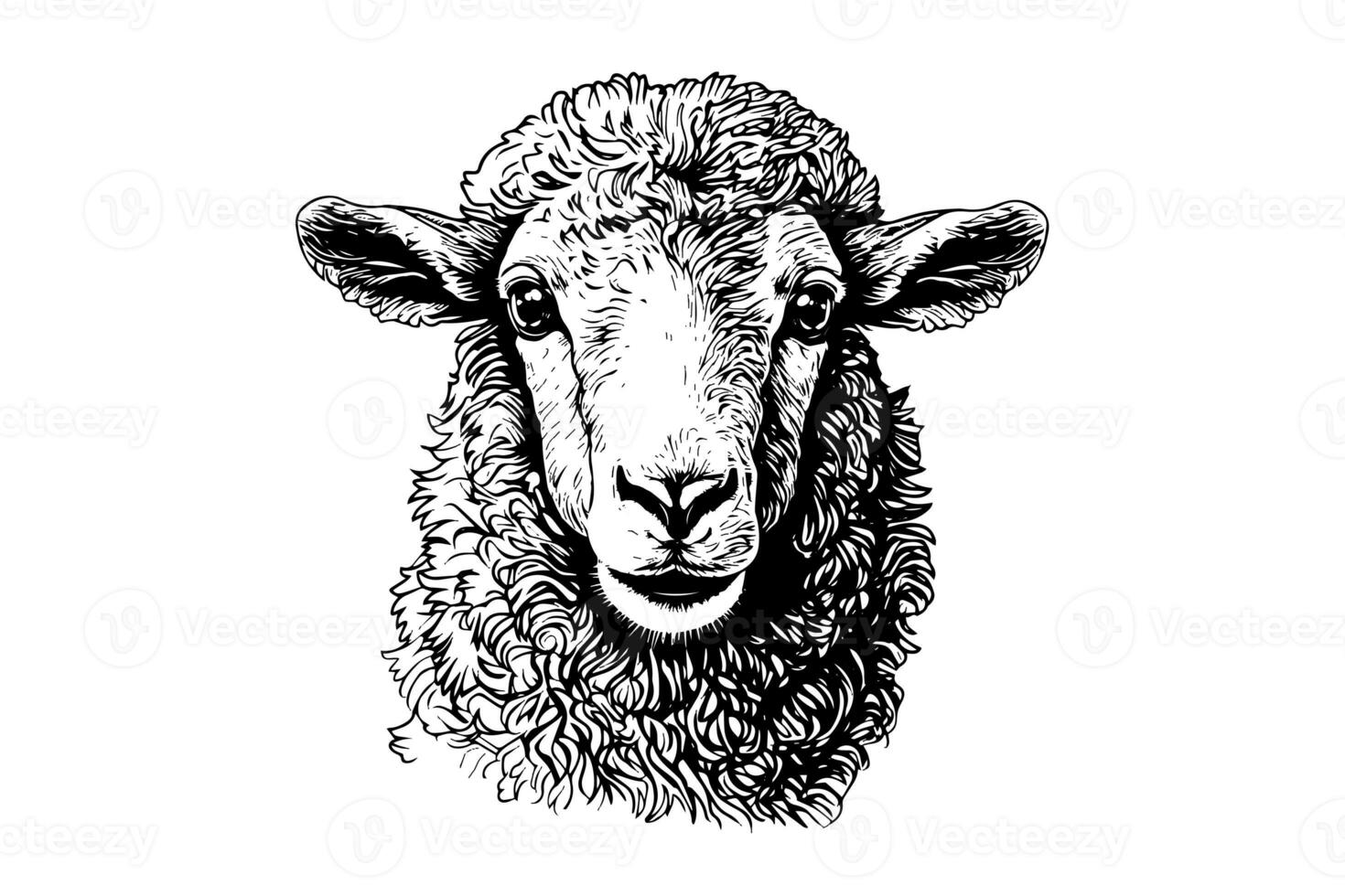 Cute sheep or lamb head engraving style vector illustration.  Realistic image. photo