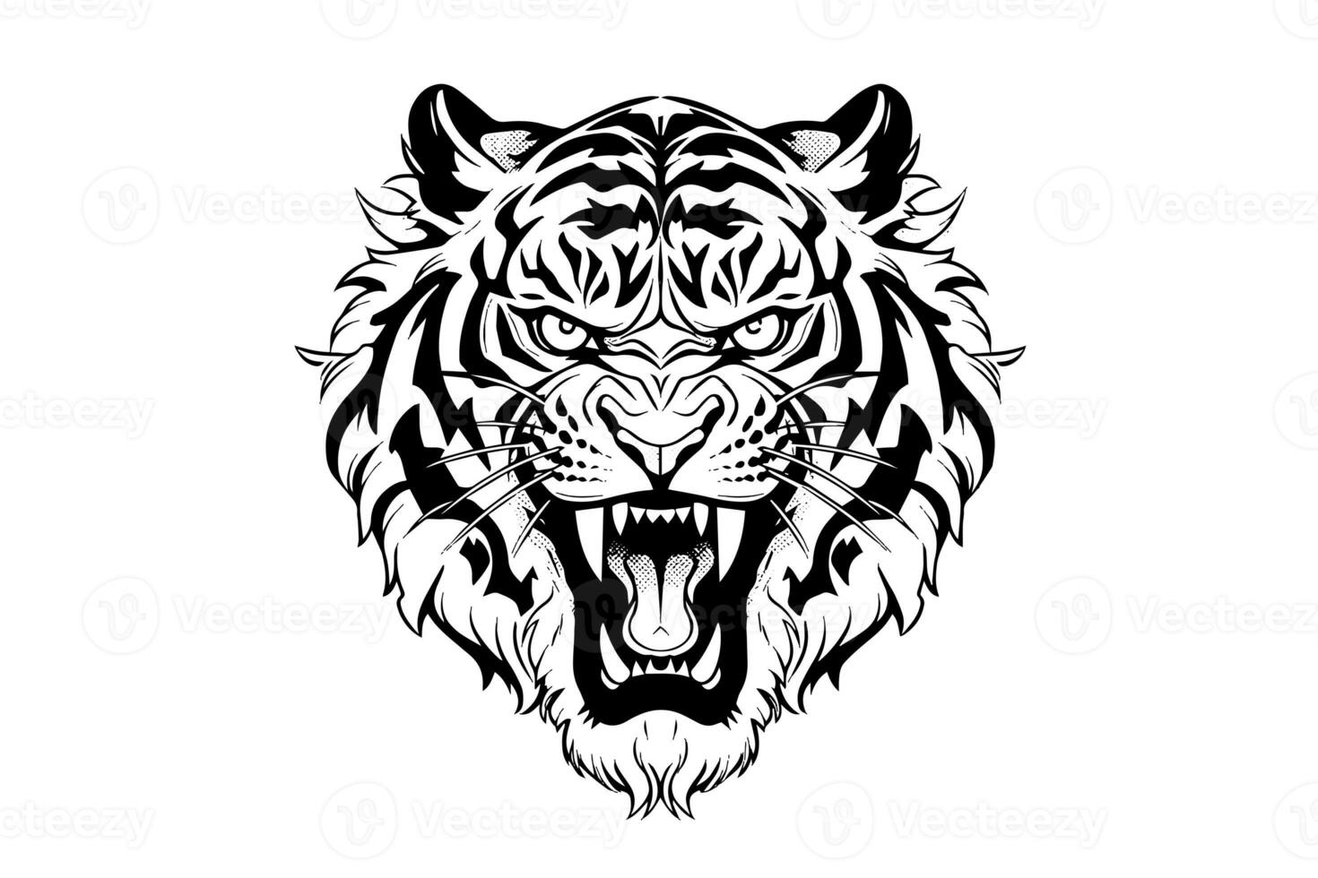 Tiger mascot sport or tattoo design. Black and white vector illustration logotype sign art. photo