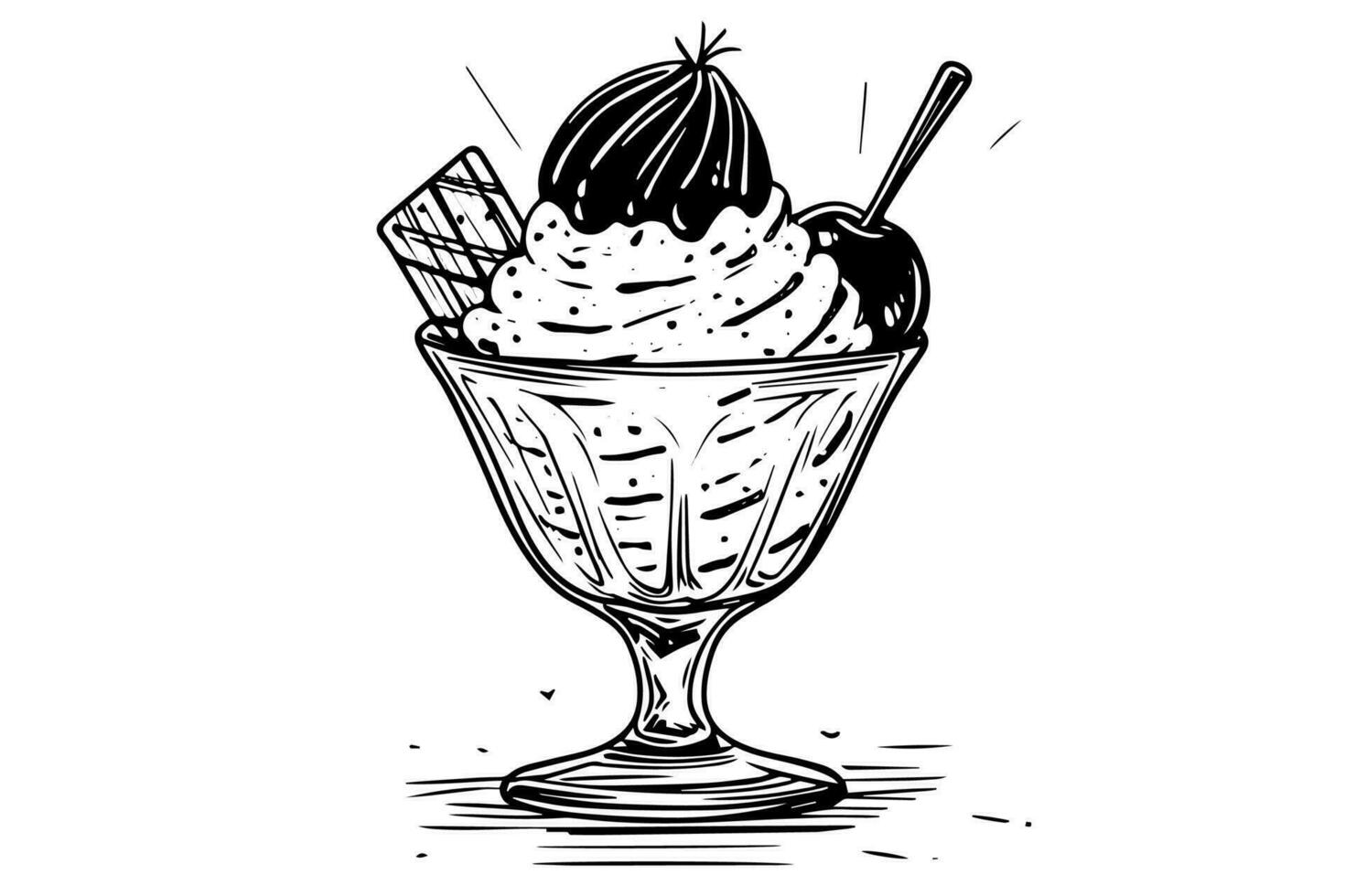 Ice cream scoops with berries and wafer sticks in glass cup. Ink sketch engraved vector illustration.