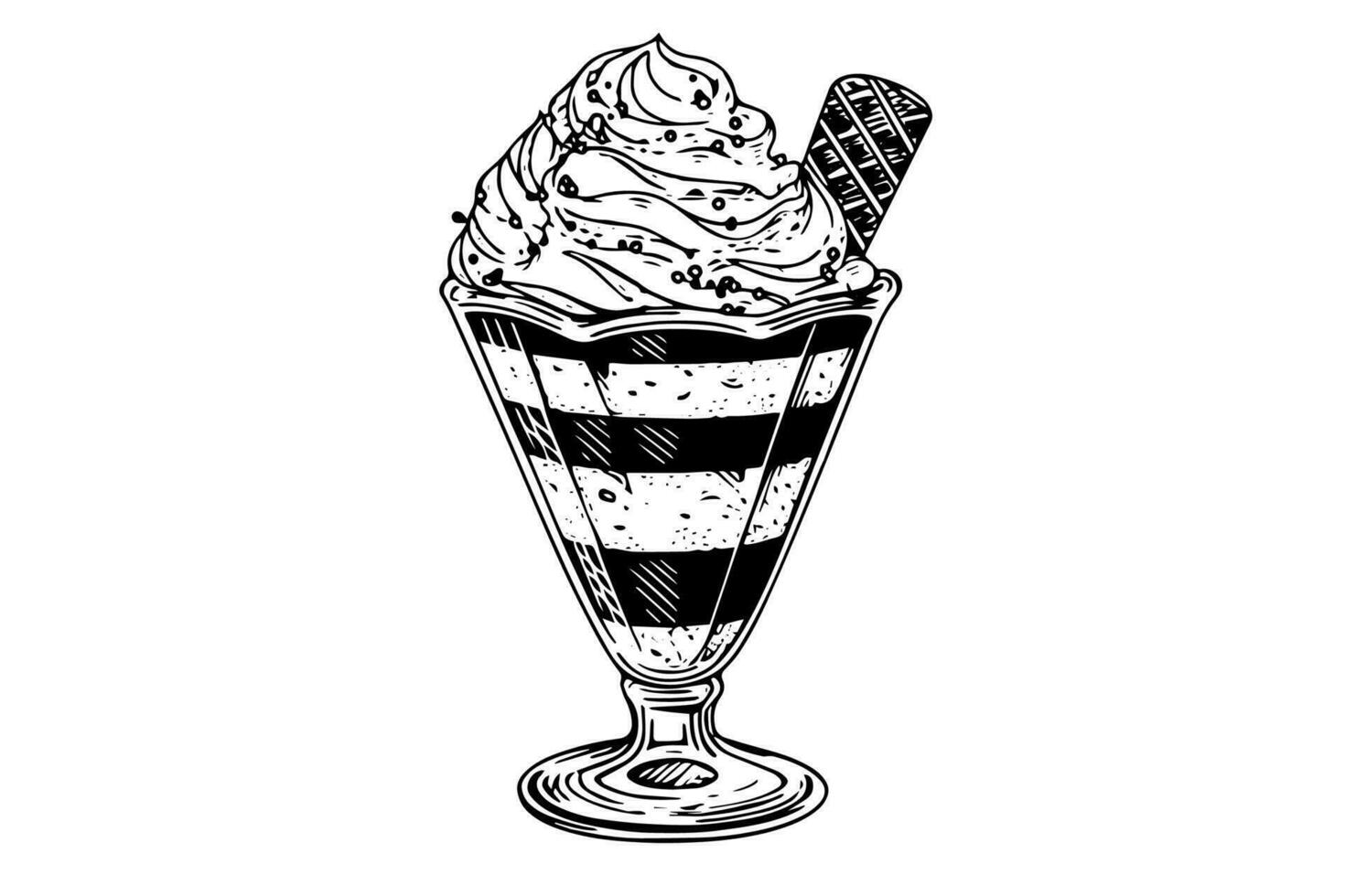 hielo crema cucharadas con bayas y oblea palos en vaso taza. tinta bosquejo grabado vector ilustración.