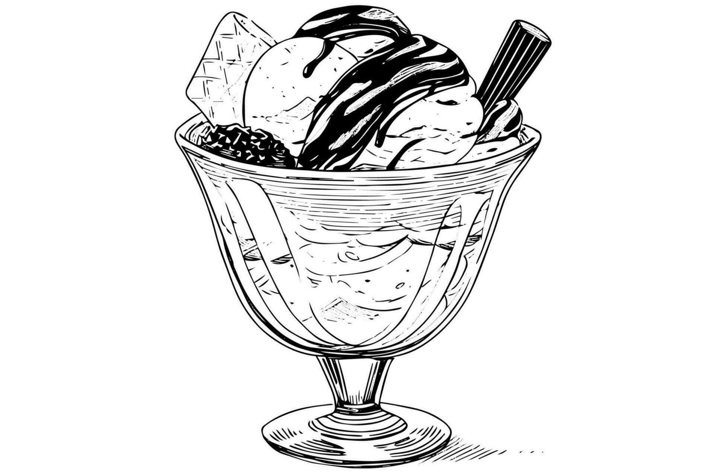 Ice cream scoops with berries and wafer sticks in glass cup. Ink sketch engraved vector illustration.