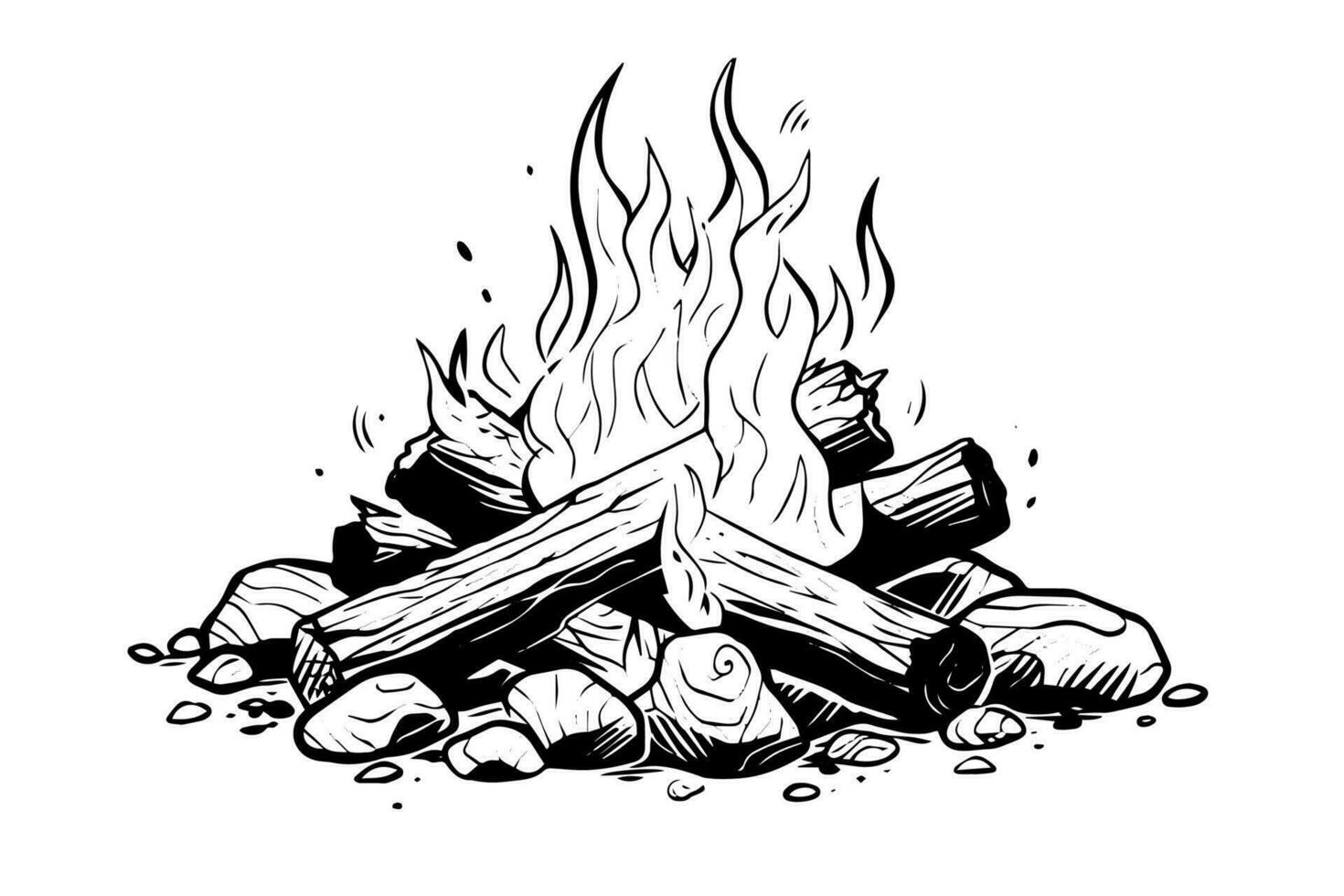 Hand drawn camping bonfire. Vector illustration of fire in sketch engraving style.