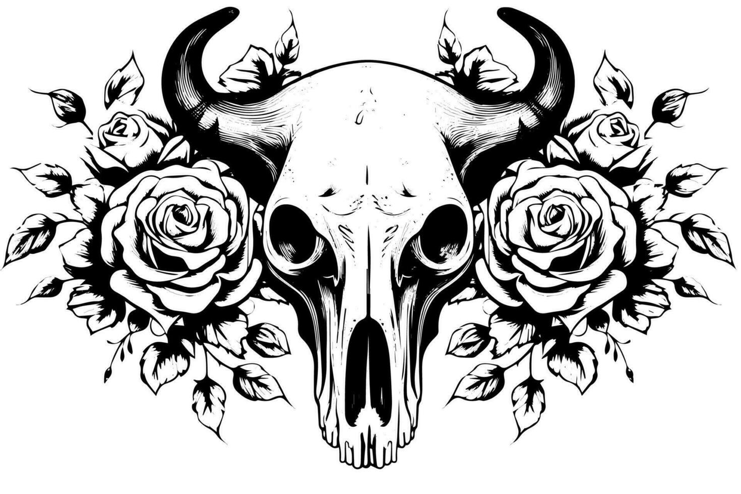 Buffalo skull hand drawn vector illustration in engraving style ink sketch.