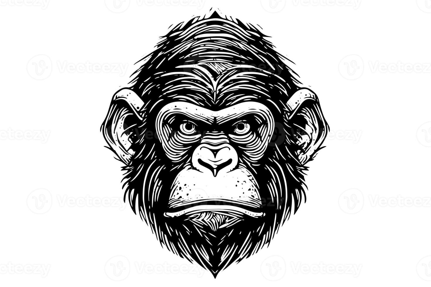 Monkey head or face hand drawn vector illustration in engraving style ink sketch. photo