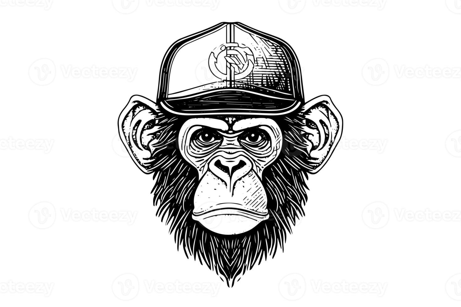 Monkey head in cap hand drawn vector illustration in engraving style ink sketch. photo