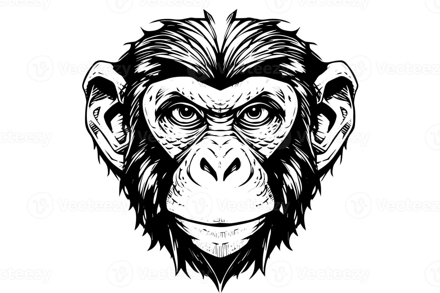 Monkey head or face hand drawn vector illustration in engraving style ink sketch. photo