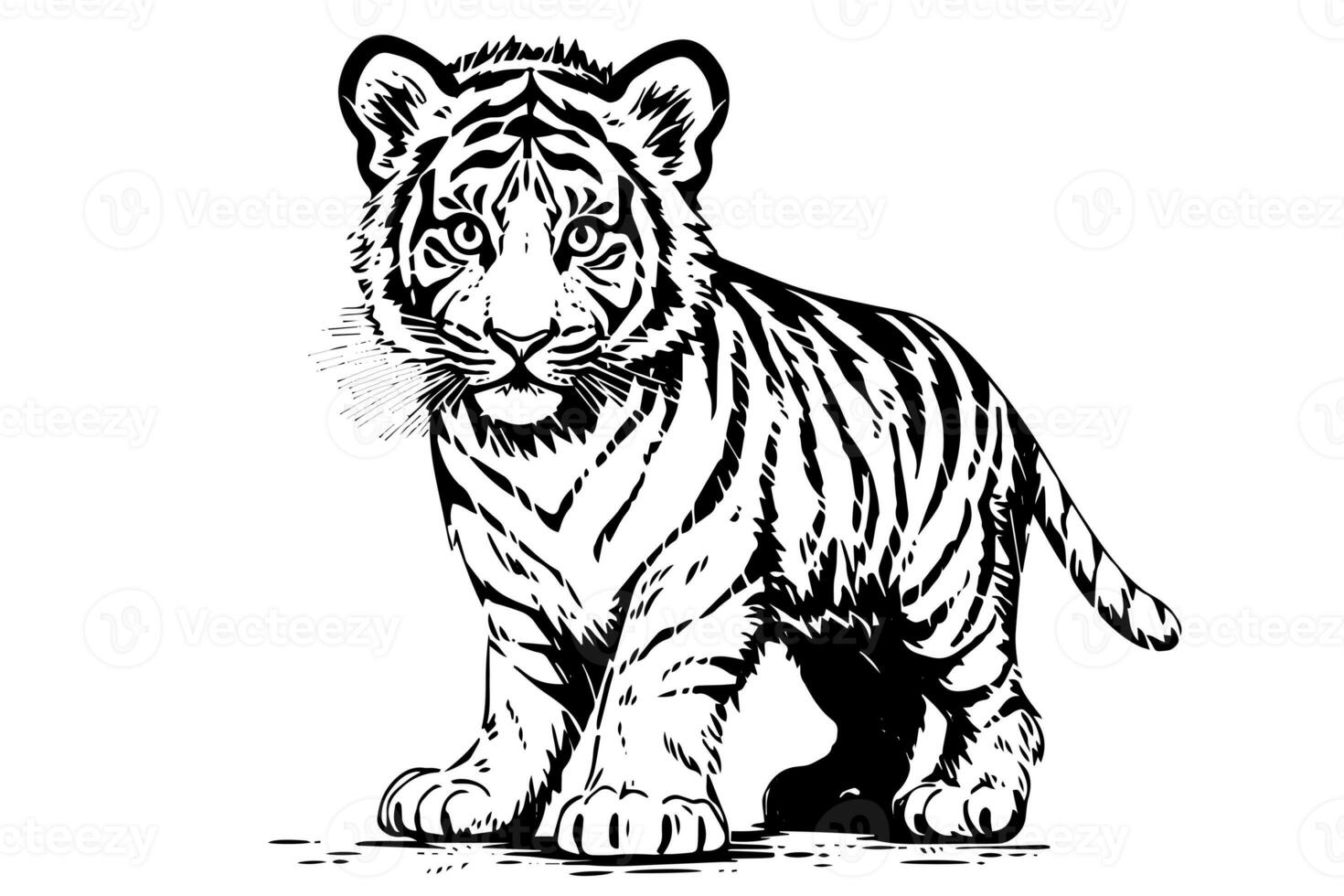 Hand drawn engraving style sketch of a tiger cub, vector ink illustration. photo