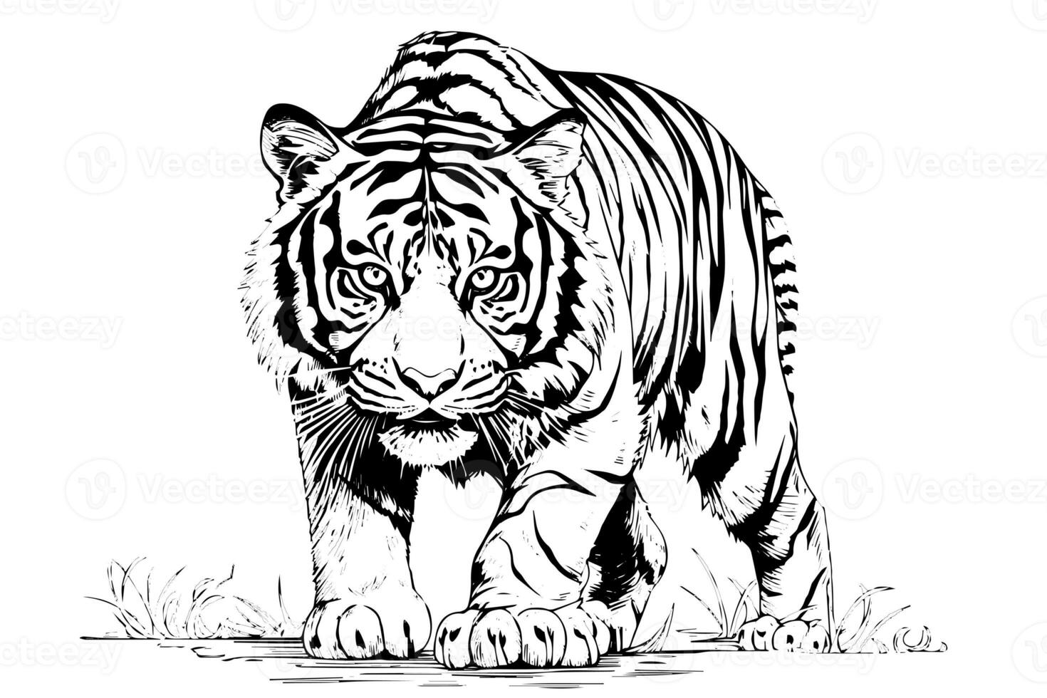 Hand drawn engraving style sketch of a tiger, vector ink illustration. photo