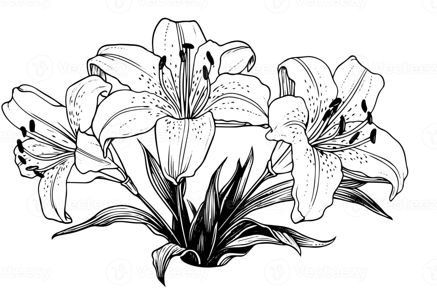 monocromo negro y blanco ramo de flores lirio aislado en blanco antecedentes. dibujado a mano vector ilustración foto