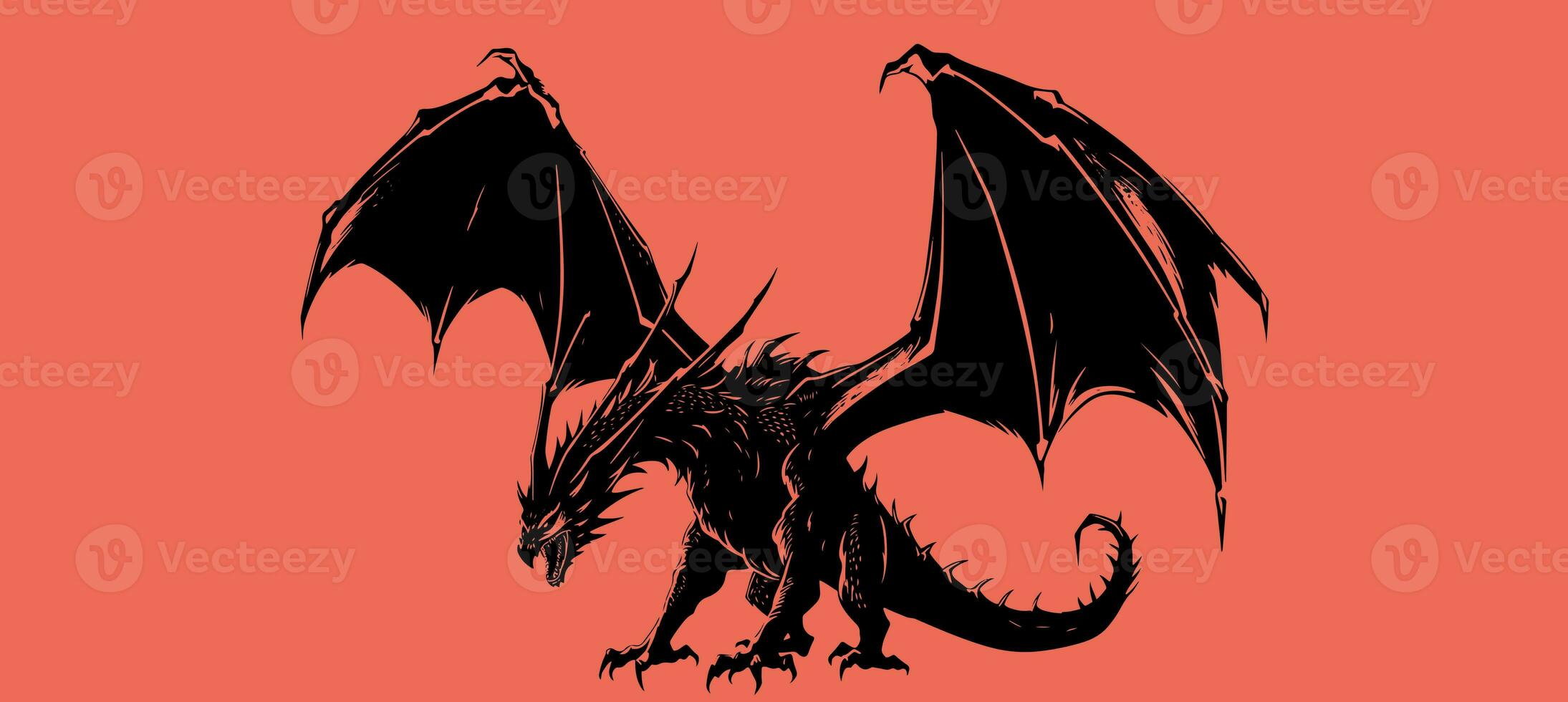 Graphic silhouette of black dragon isolated on red background. Vector illustration . photo