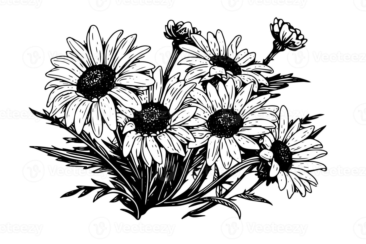 Hand drawn chamomile ink sketch. Daisy bouquet engraving vector illustration. photo