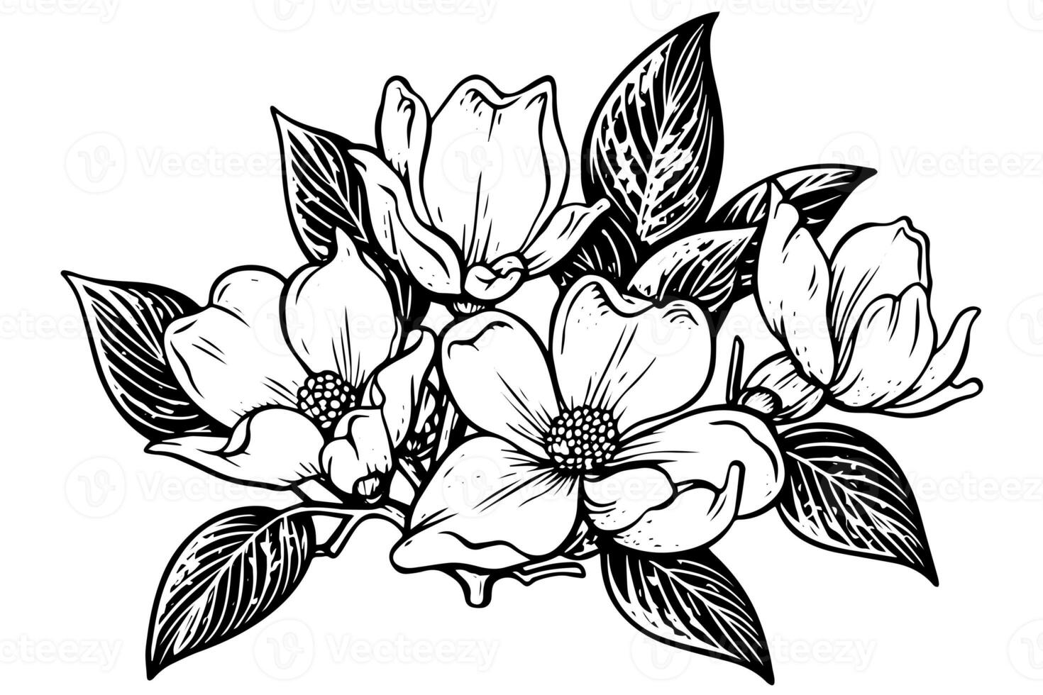 Hand drawn magnolia flower ink sketch. Engraving style vector illustration. photo
