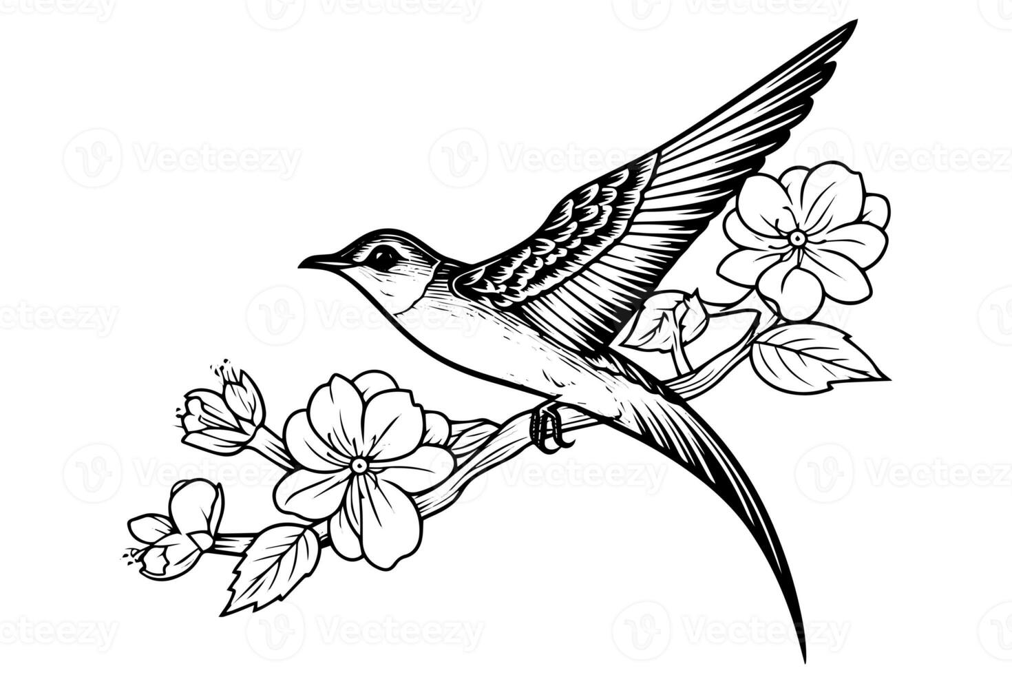 Ink sketch of swallow sitting on a branch. Hand drawn engraving style vector illustration. photo