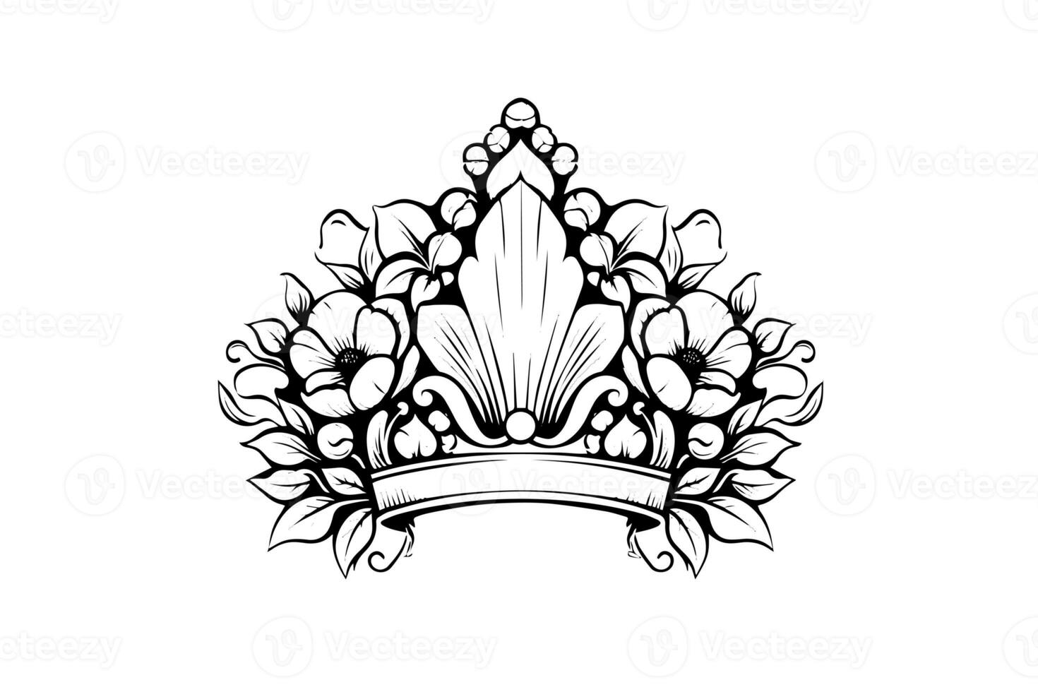 Hand drawn flower crown ink sketch. Vintage engraved vector illustration. photo