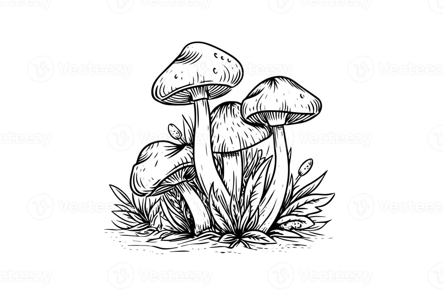 Fly agaric or amanita mushrooms group growing in grass engraving style. Vector illustration. photo