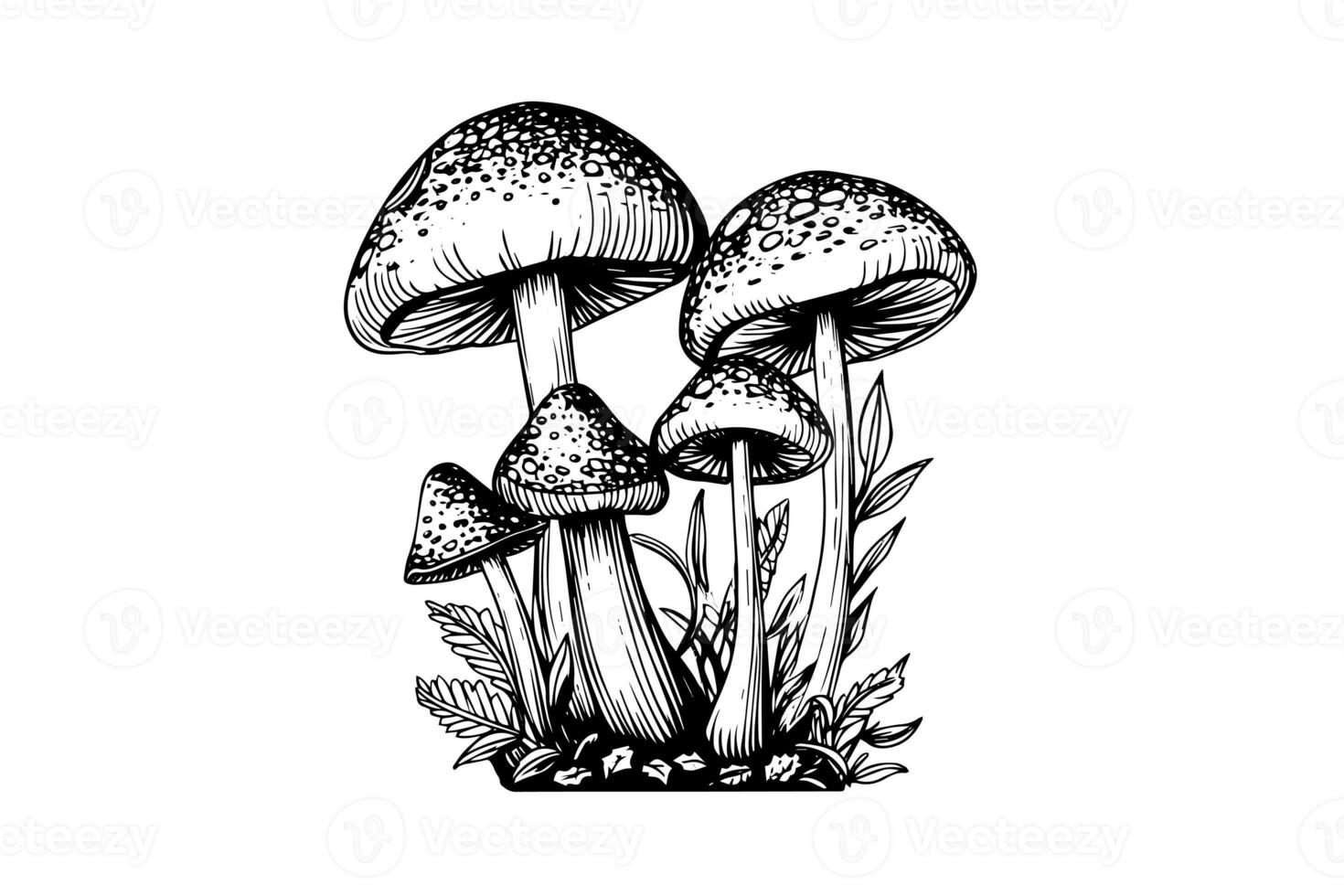 Fly agaric or amanita mushrooms group growing in grass engraving style. Vector illustration. photo