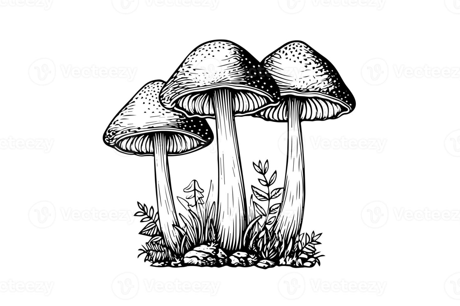 Fly agaric or amanita mushrooms group growing in grass engraving style. Vector illustration. photo