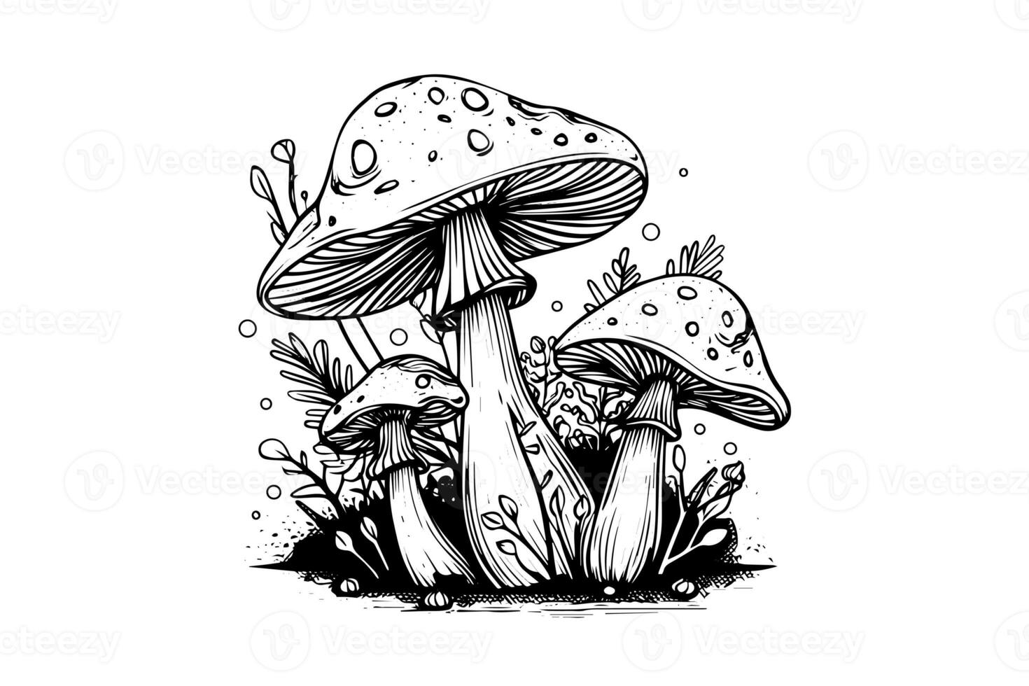 Fly agaric or amanita mushrooms group growing in grass engraving style. Vector illustration. photo