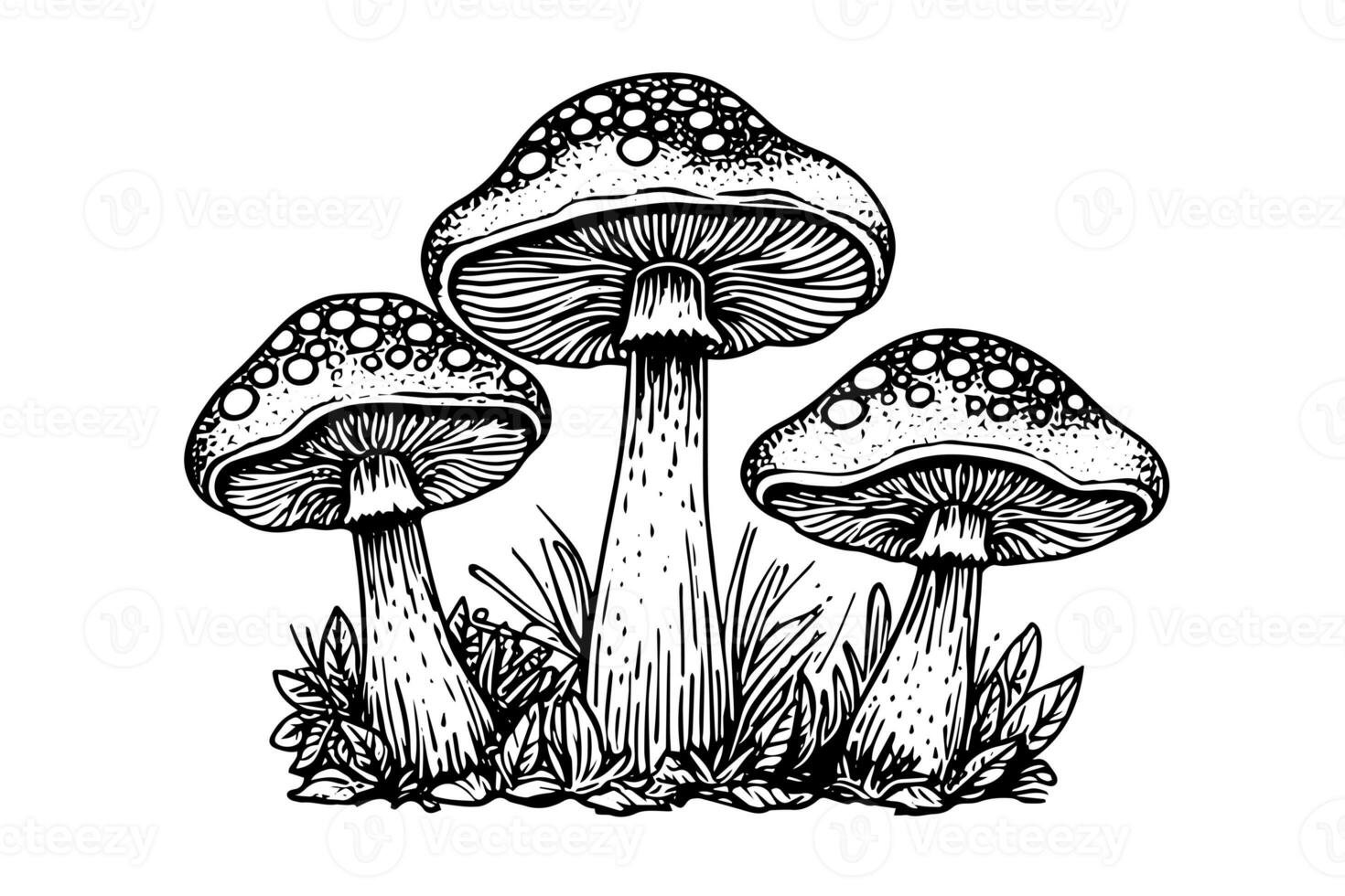 Fly agaric or amanita mushrooms group growing in grass engraving style. Vector illustration. photo