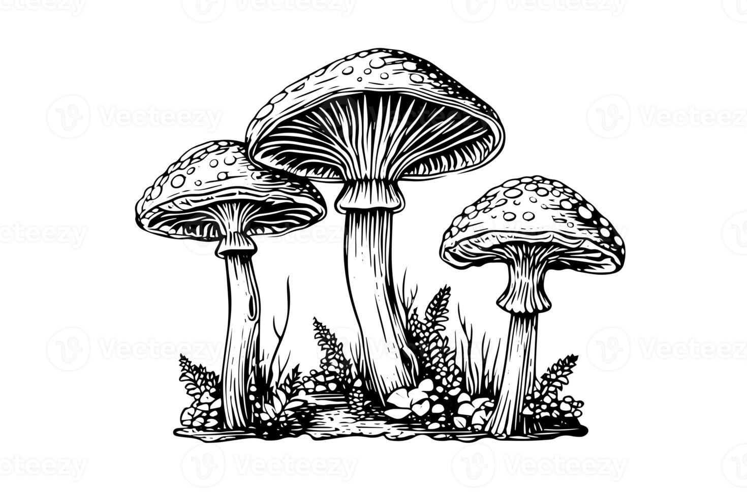 Fly agaric or amanita mushrooms group growing in grass engraving style. Vector illustration. photo
