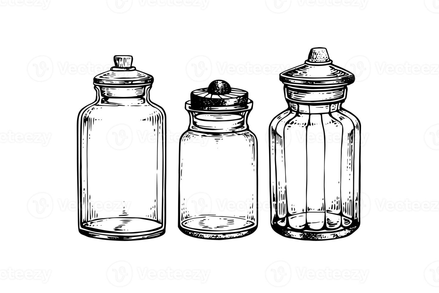 Empty glass jars ink sketch. Vector vintage black engraving illustration. photo