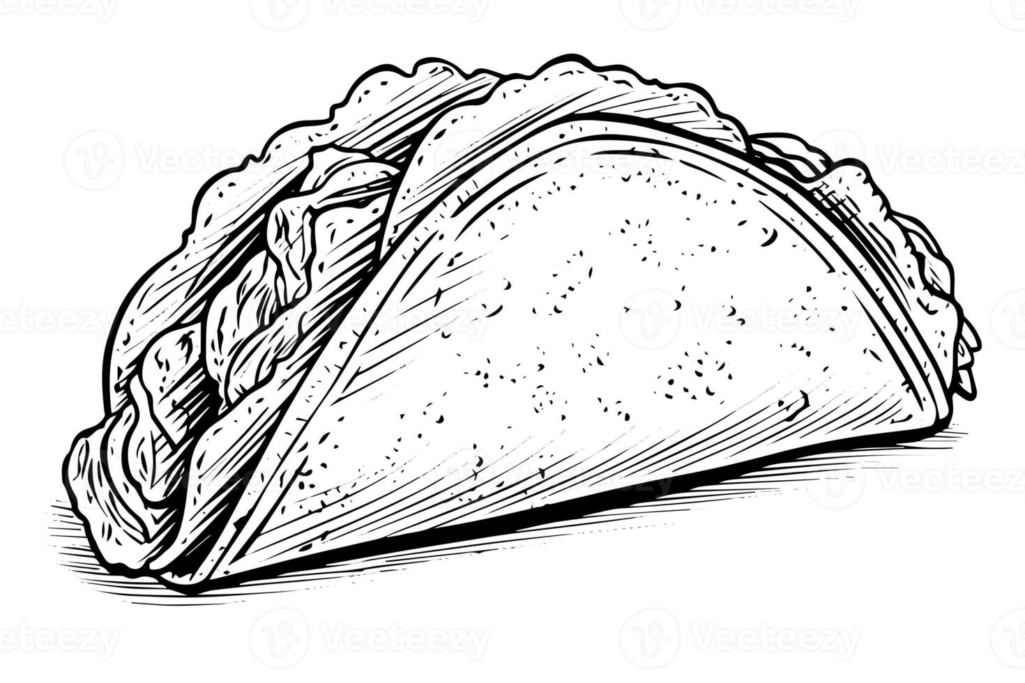 Hand drawn ink sketch of taco. Traditional mexican fast food illustration. Vector drawing. photo