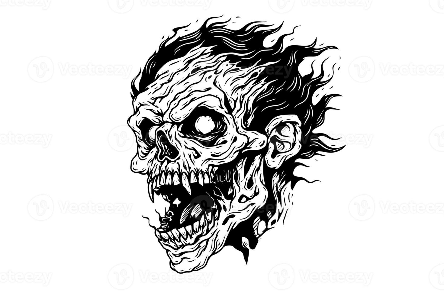 Zombie head or face ink sketch. Walking dead hand drawing vector illustration. photo
