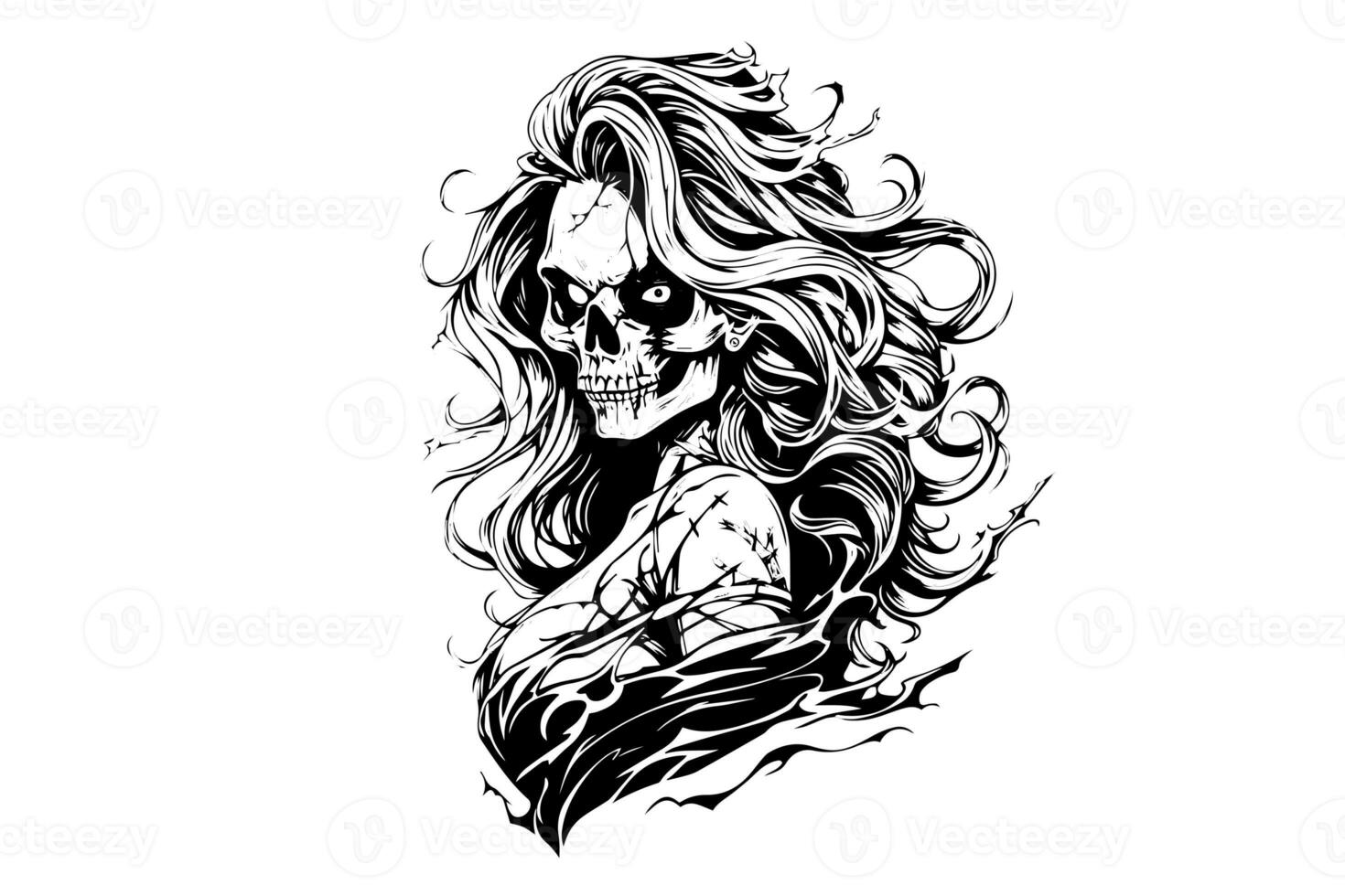 Zombie head or face ink sketch. Walking dead hand drawing vector illustration. photo