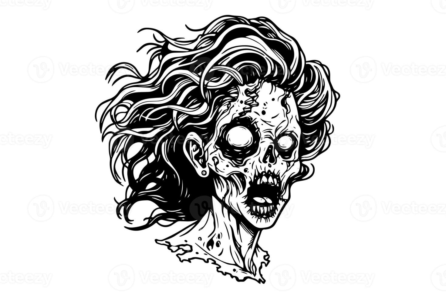 Zombie head or face ink sketch. Walking dead hand drawing vector illustration. photo