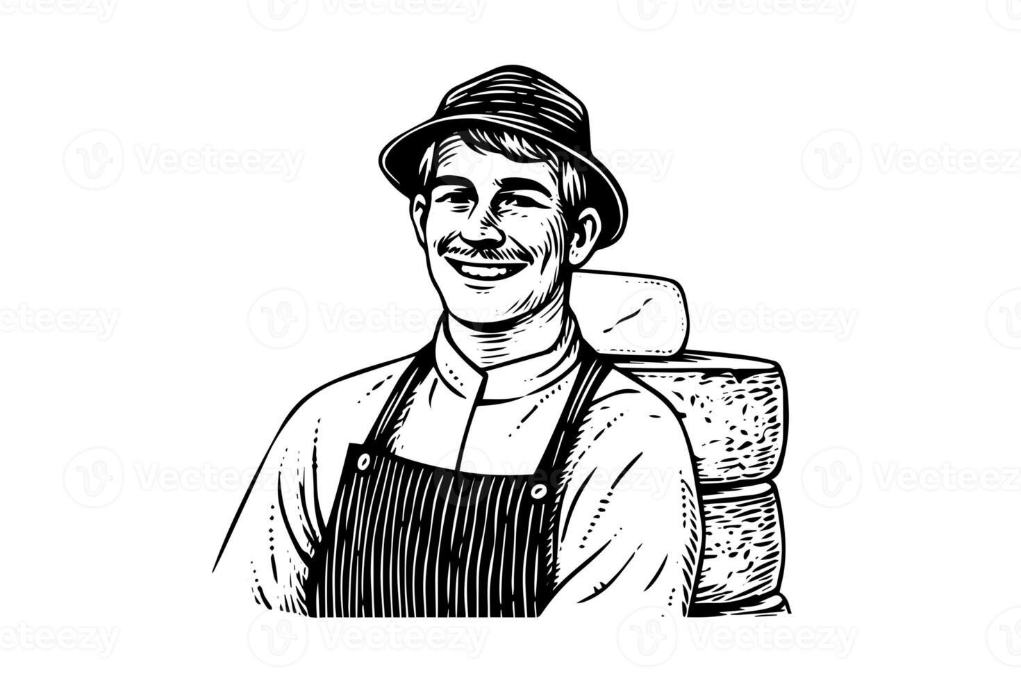 Cheesemaker or seller drawing ink sketch, vintage engraved style vector logotype illustration. photo