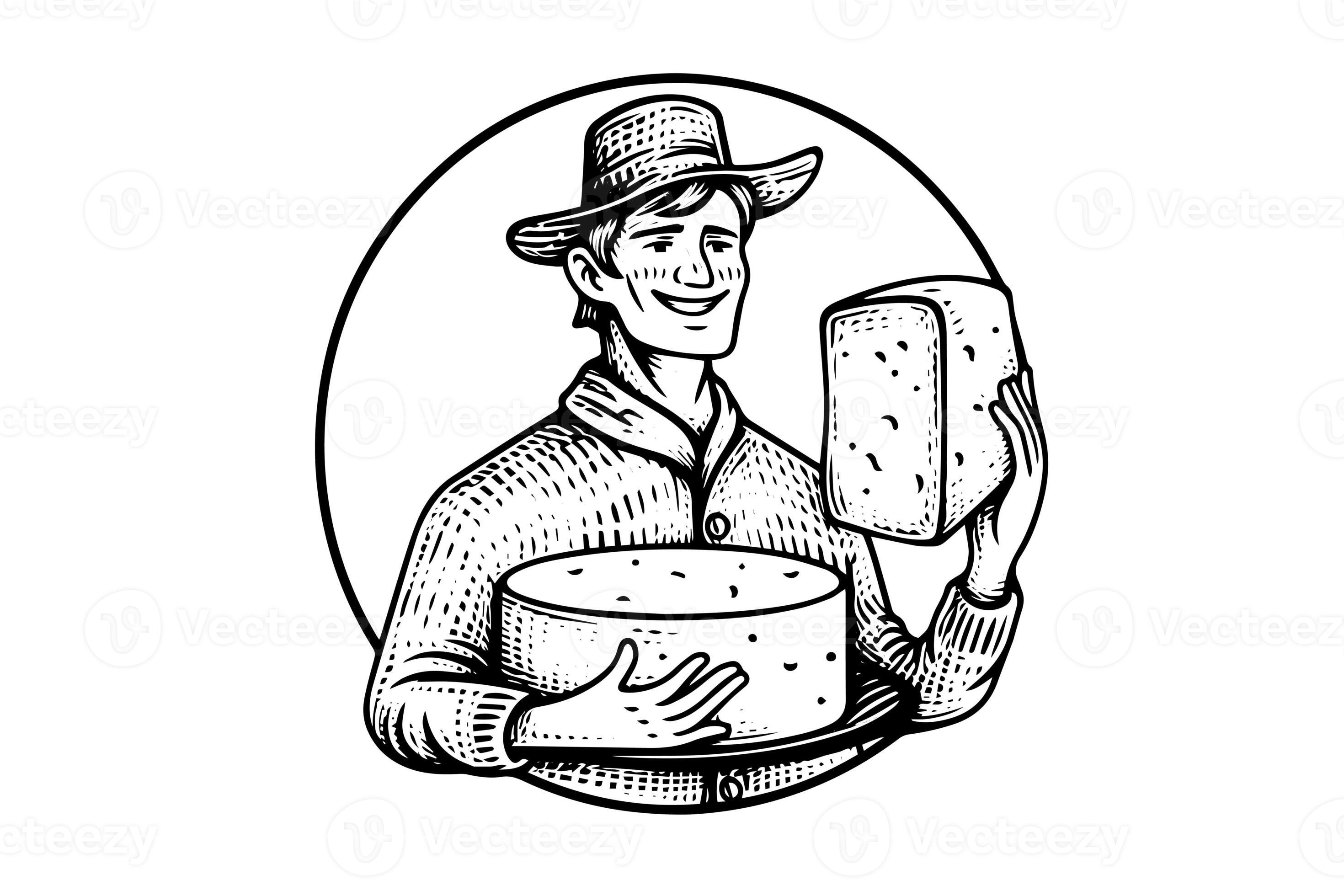 Cheesemaker or seller drawing ink sketch, vintage engraved style vector