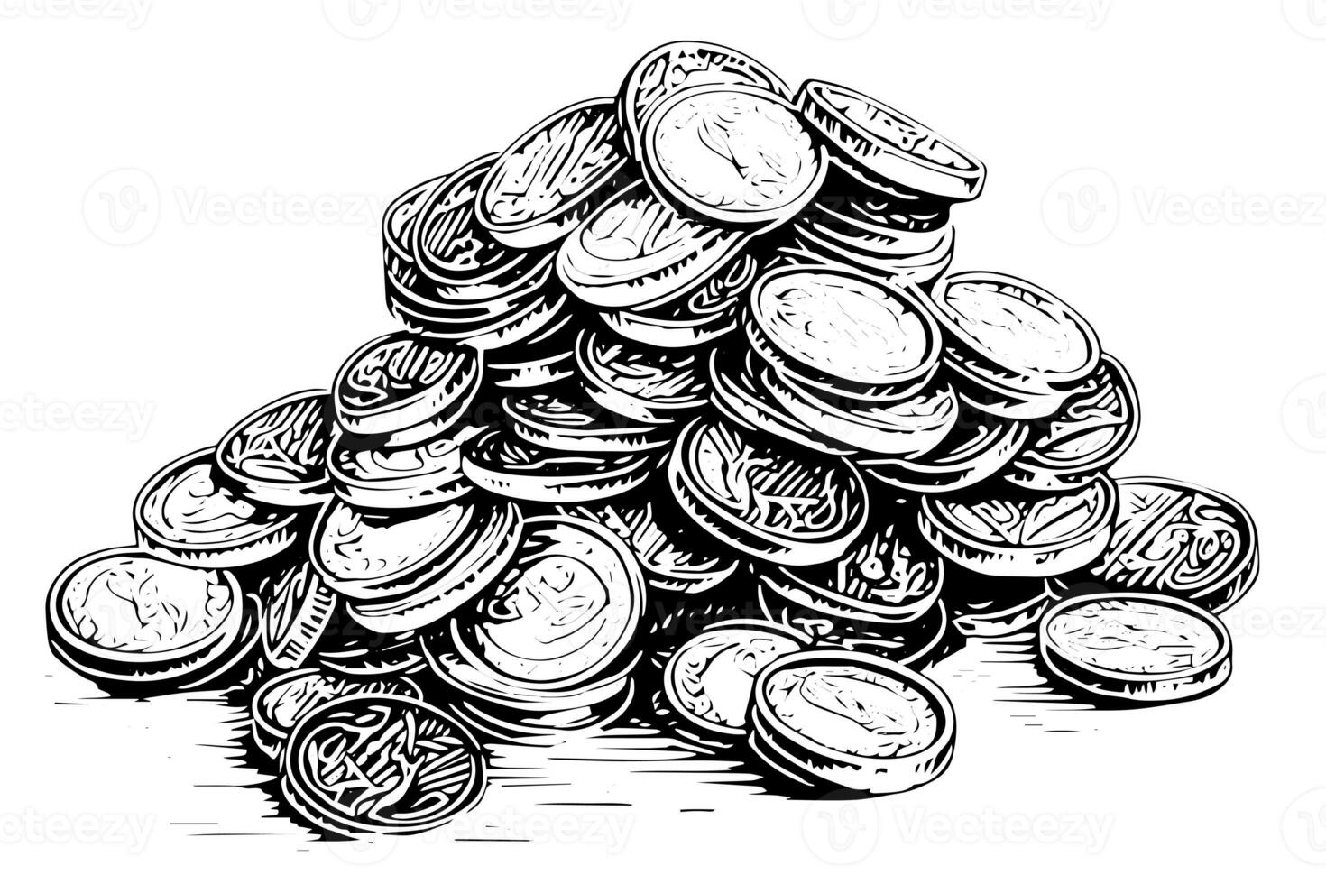 apilar de monedas dinero en grabado estilo. mano dibujado tinta bosquejo. vector ilustración. foto