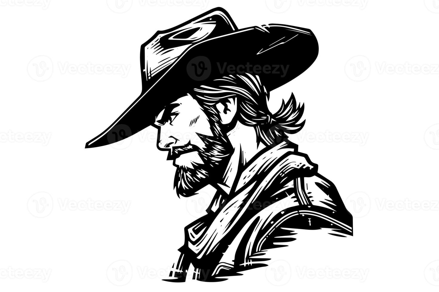 Cowboy head on hat in engraving style. Hand drawn ink sketch. Vector illustration. photo