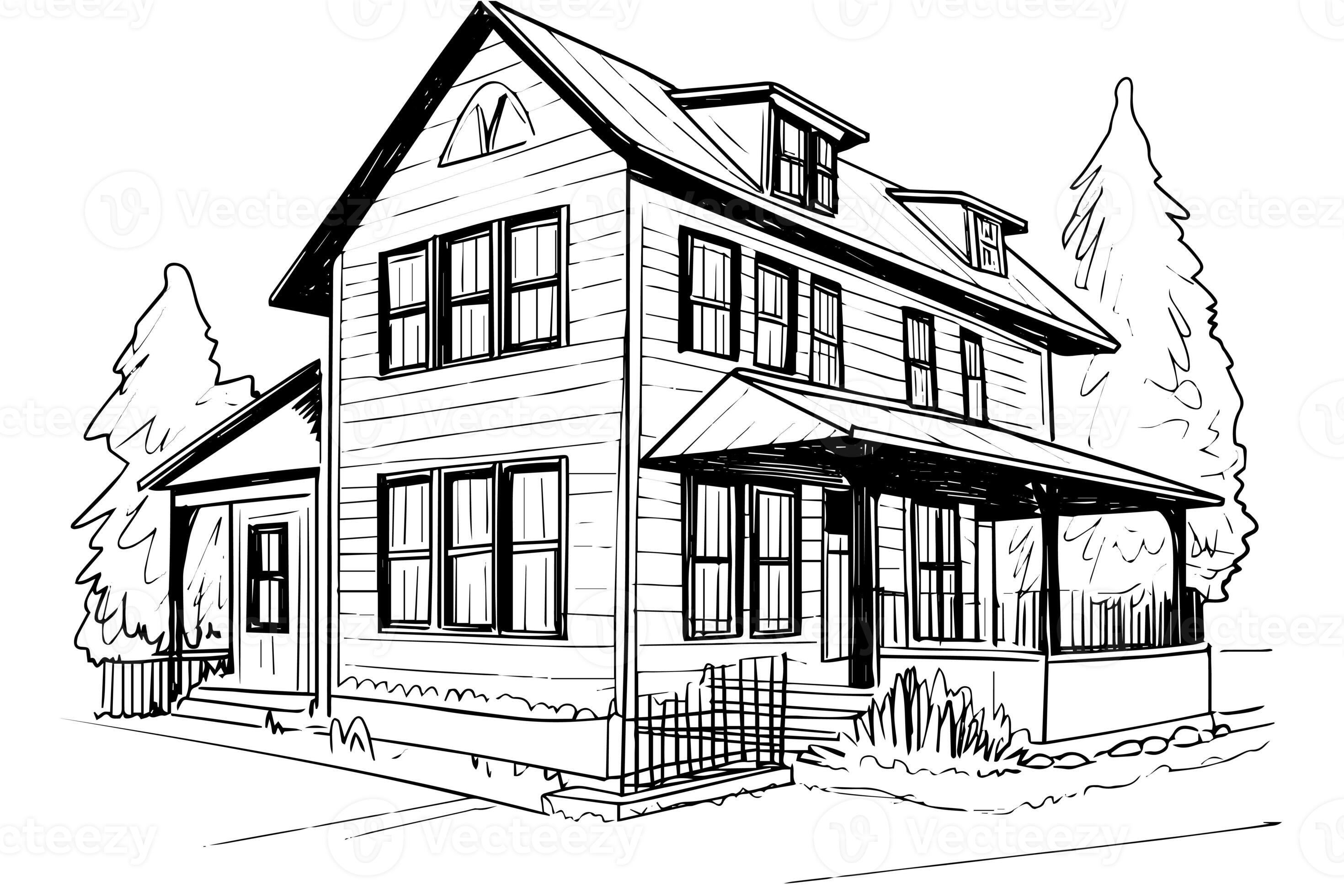 Vector black and white ink sketch of vintage wooden house. Engraving