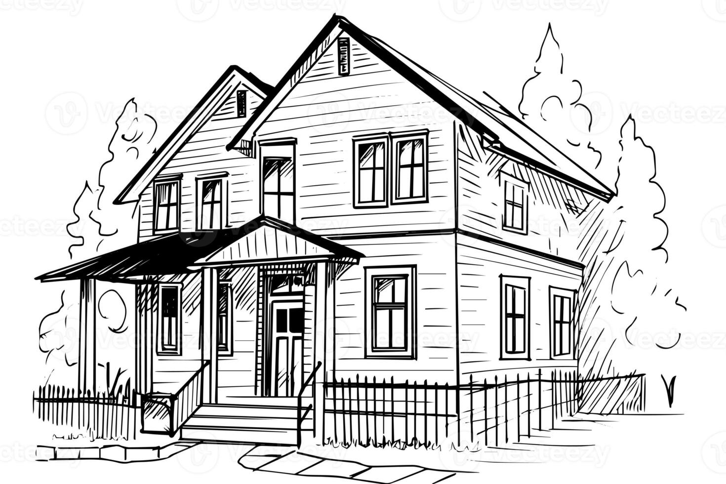 Vector black and white ink sketch of vintage wooden house. Engraving style illustration. photo