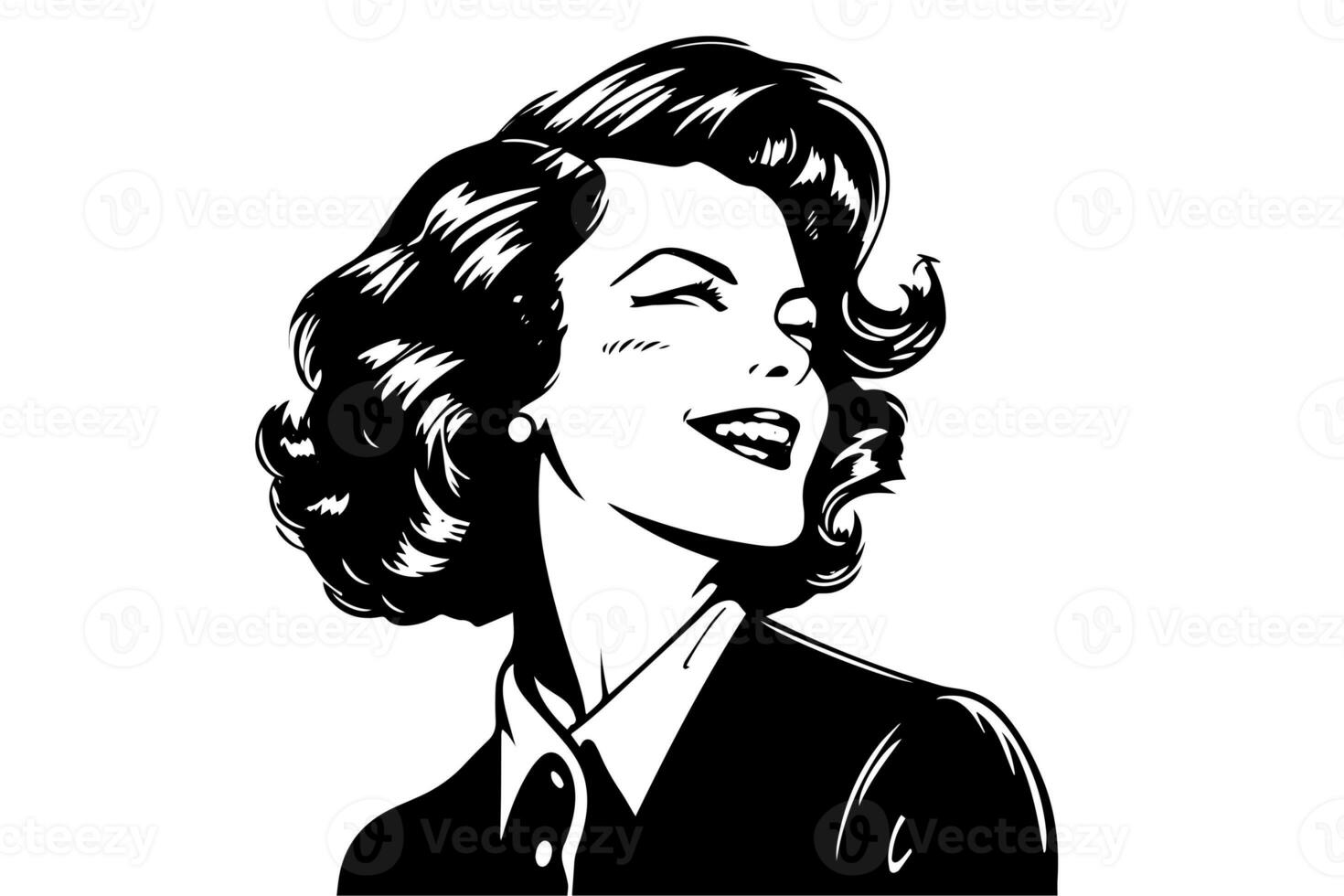 Happy businness woman  ink drawing sketch. Pop art style black and white vector illustration. photo