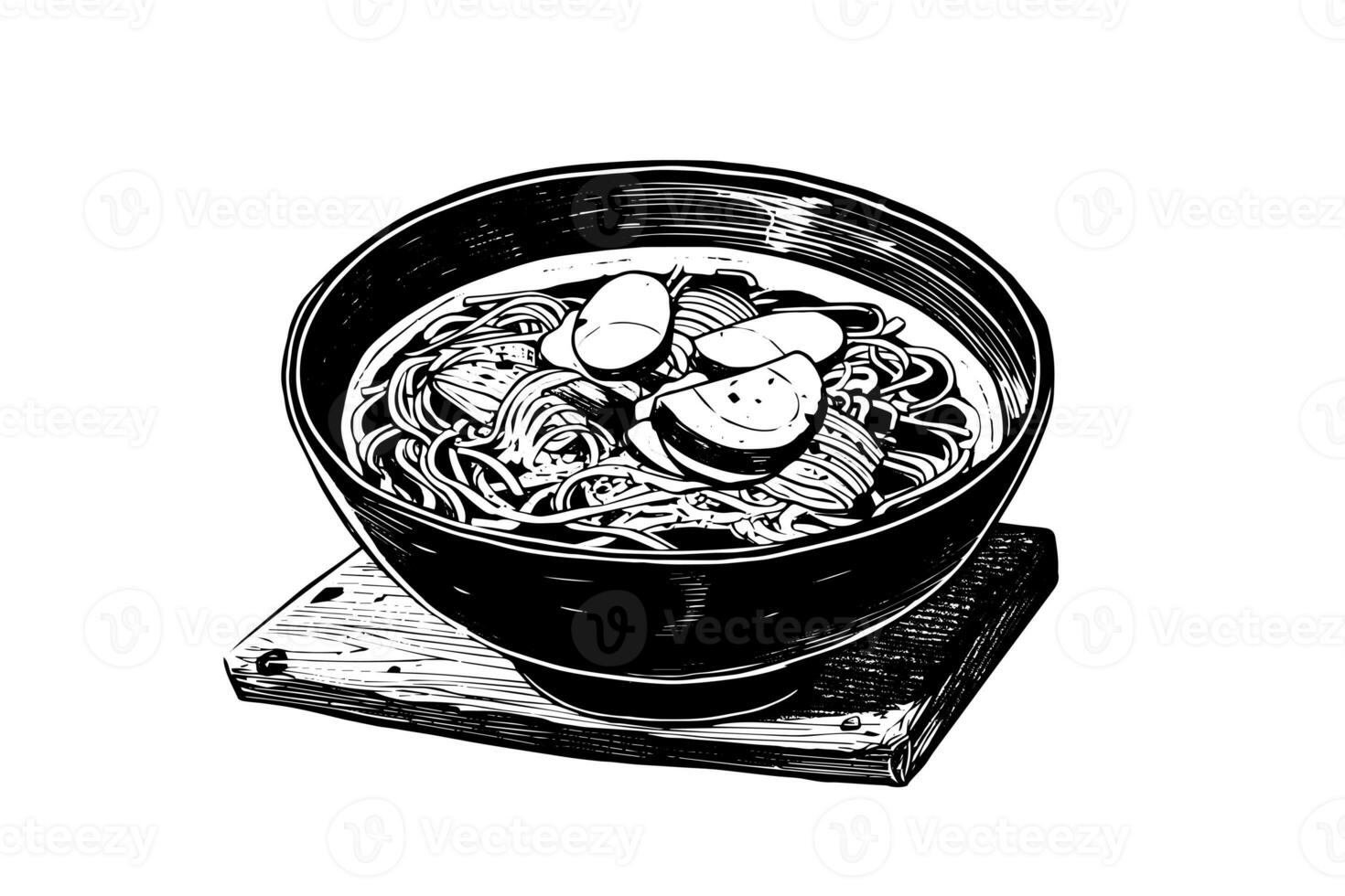 Ramen Noodle Japanese Food Vector Engraving style Illustration. Ink sketch Logo or Menu Concept. photo