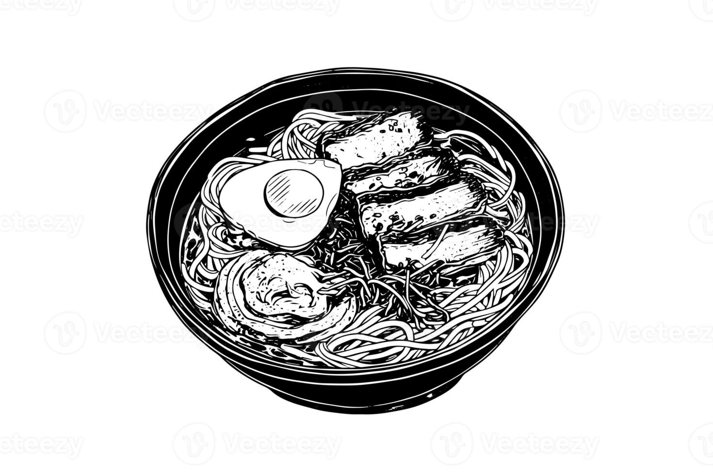 Ramen Noodle Japanese Food Vector Engraving style Illustration. Ink sketch Logo or Menu Concept. photo