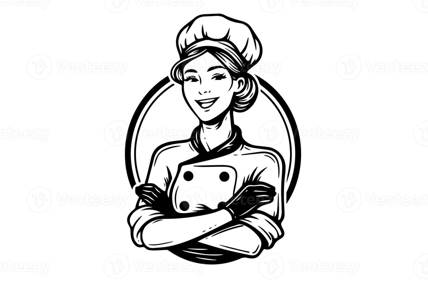 Smiley woman chef ink sketch in engraving style.  Drawing young female vector illustration. photo