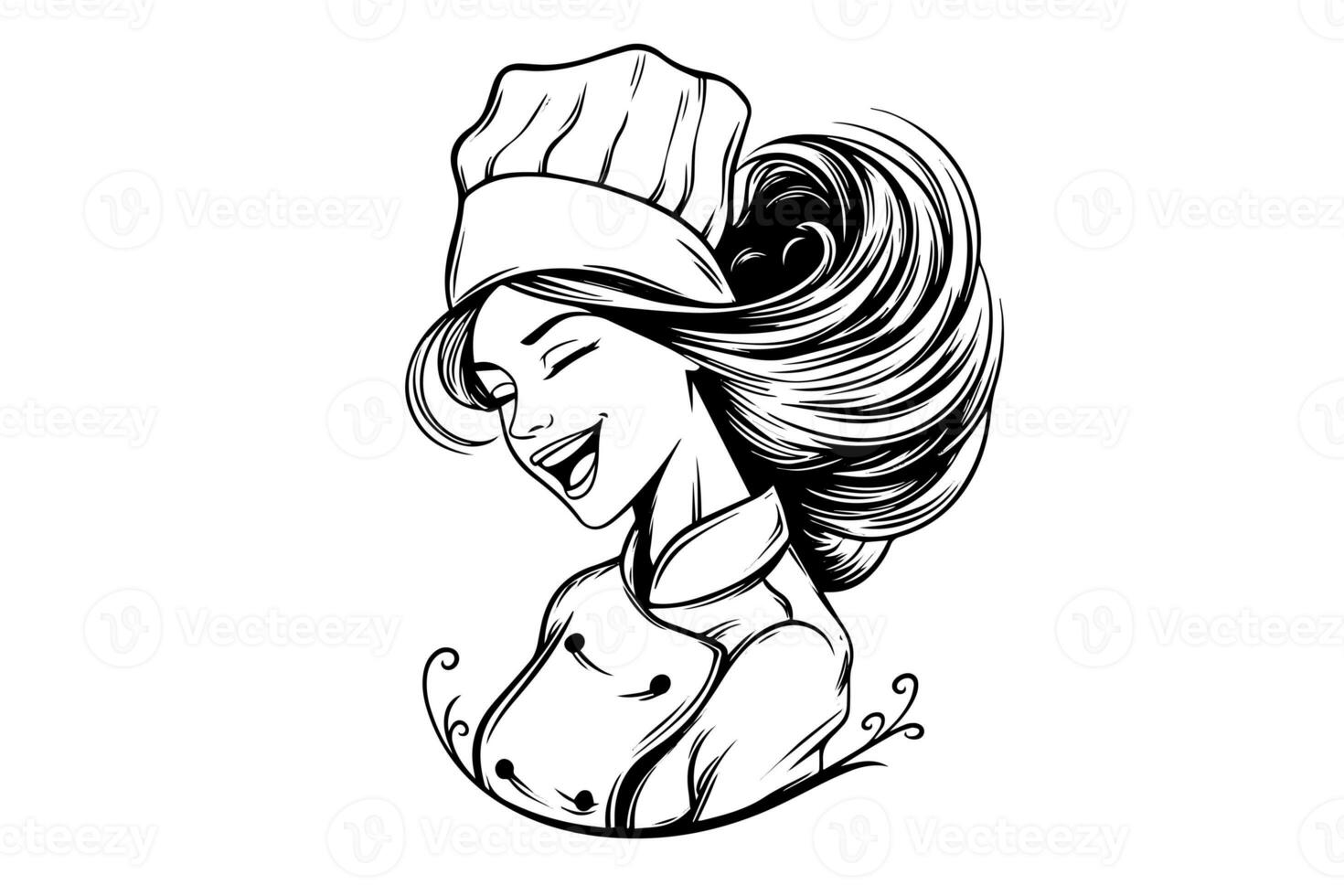 Smiley woman chef ink sketch in engraving style.  Drawing young female vector illustration. photo