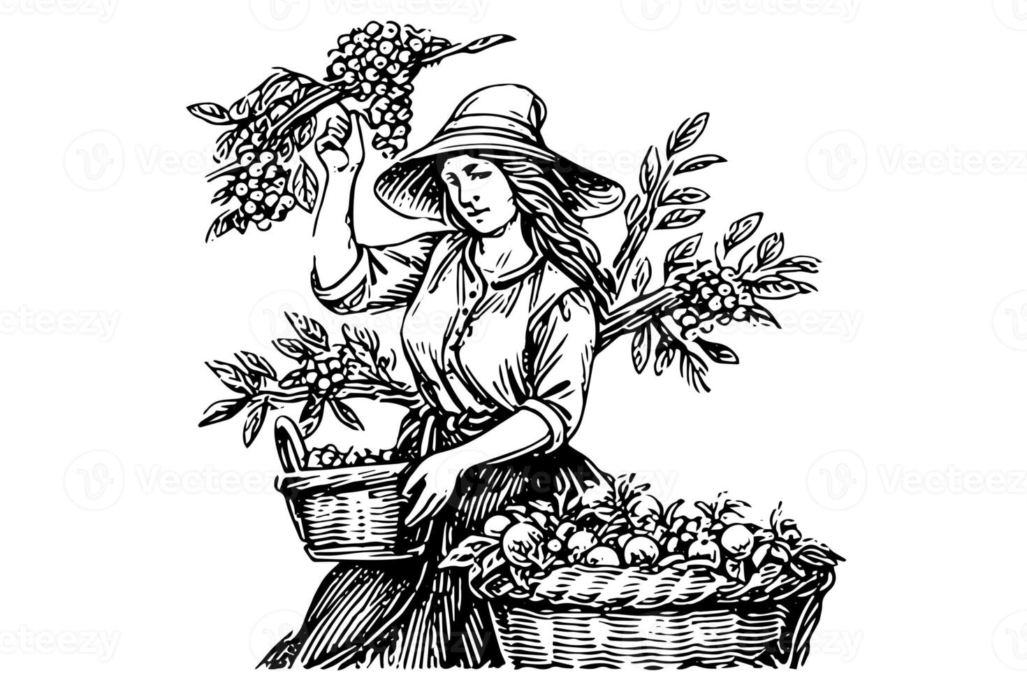 A woman farmer harvesting in the field in engraving style. Drawing ink sketch vector illustration. photo