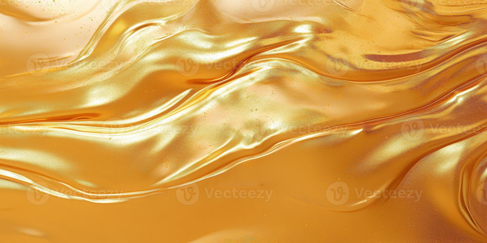 Golden fluid background. Liquid yellow metal wallpaper. Glamour swirl gold texture. 3d wavy flow abstraction. photo