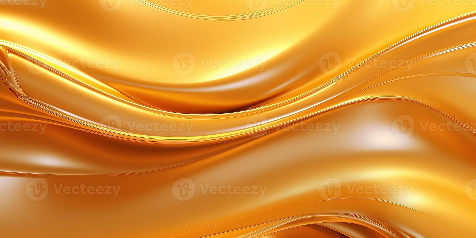 Golden fluid background. Liquid yellow metal wallpaper. Glamour swirl gold texture. 3d wavy flow abstraction. photo