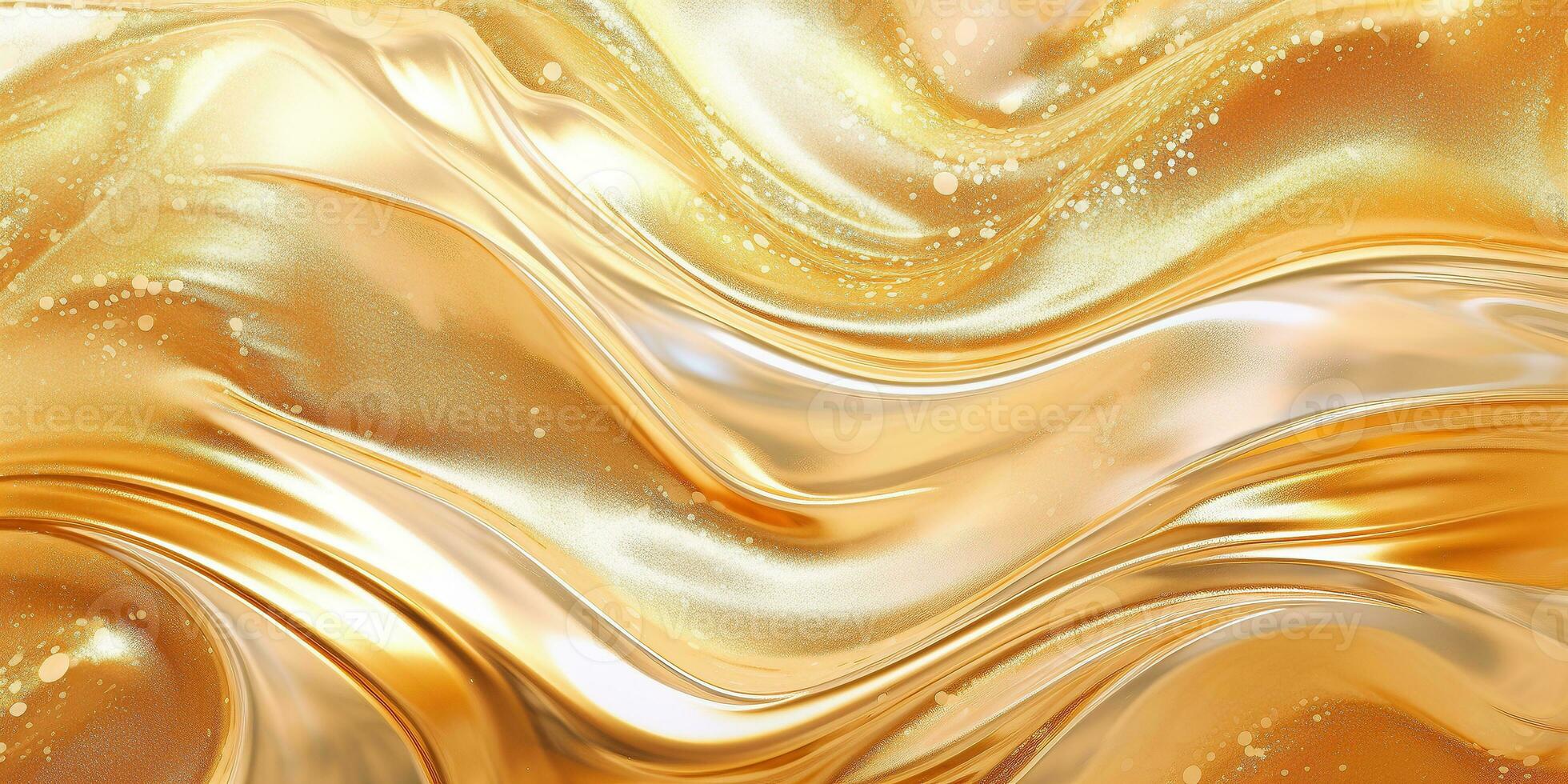 Golden fluid background. Liquid yellow metal wallpaper. Glamour swirl gold texture. 3d wavy flow abstraction. photo