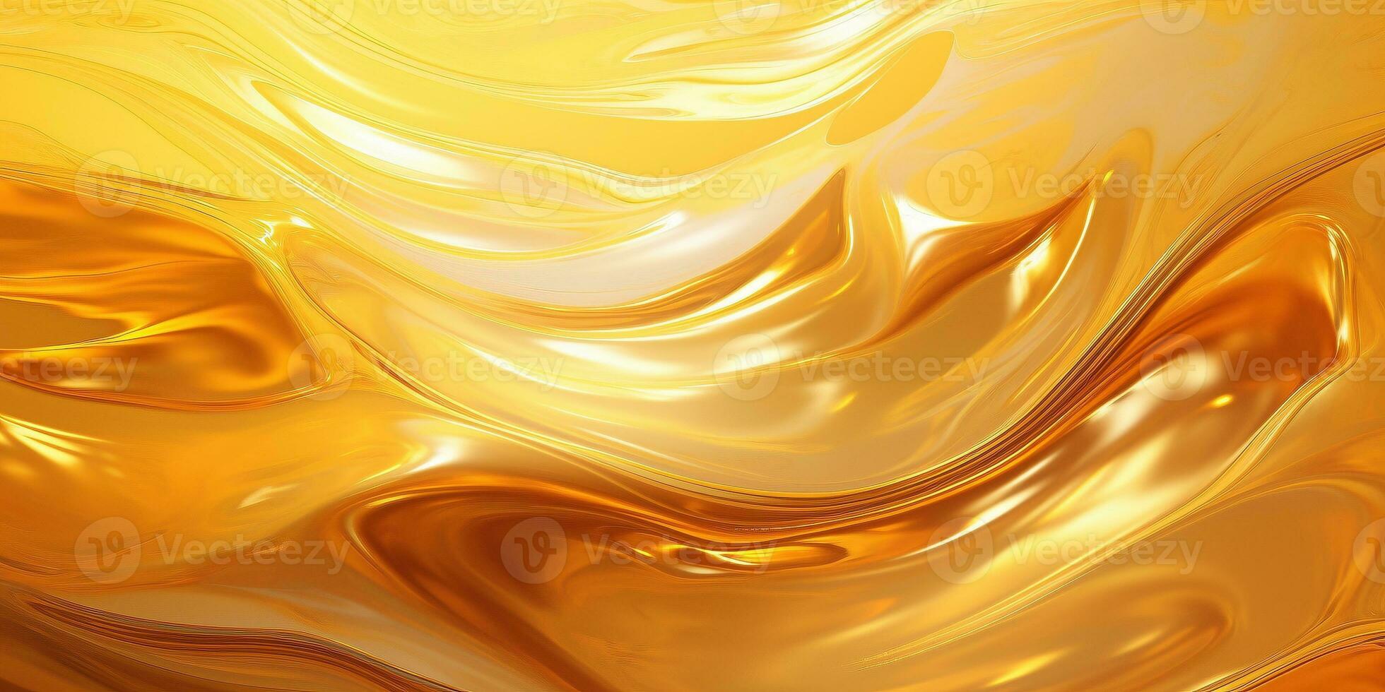 Golden fluid background. Liquid yellow metal wallpaper. Glamour swirl gold texture. 3d wavy flow abstraction. photo