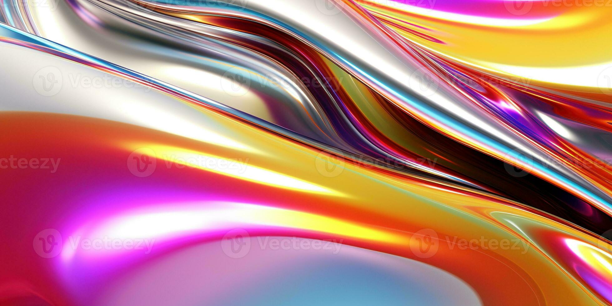 Metallic rainbow gradient waves abstract background. Iridescent chrome wavy surface. Liquid surface, ripples, reflections. 3d render illustration. photo