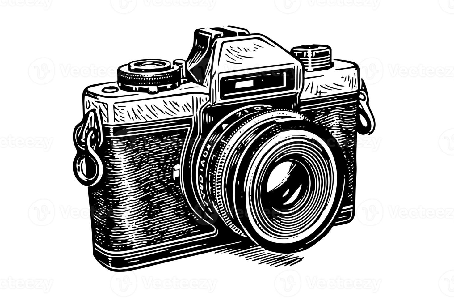 Modern photo camera in engraving style. Vector retro hand drawn illustration.