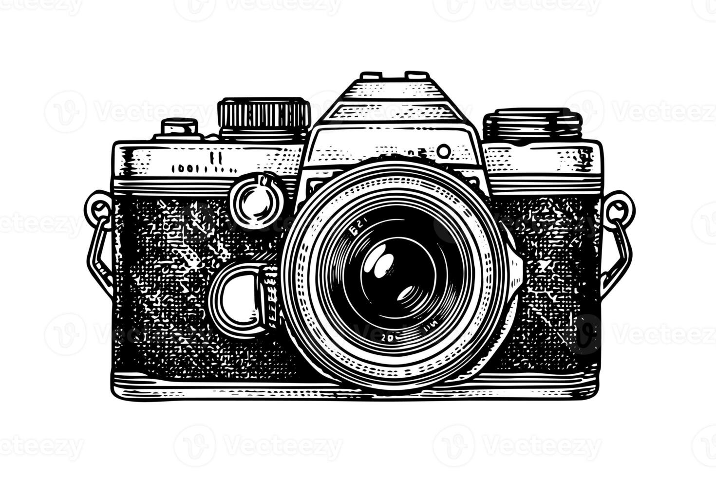 Modern photo camera in engraving style. Vector retro hand drawn illustration.