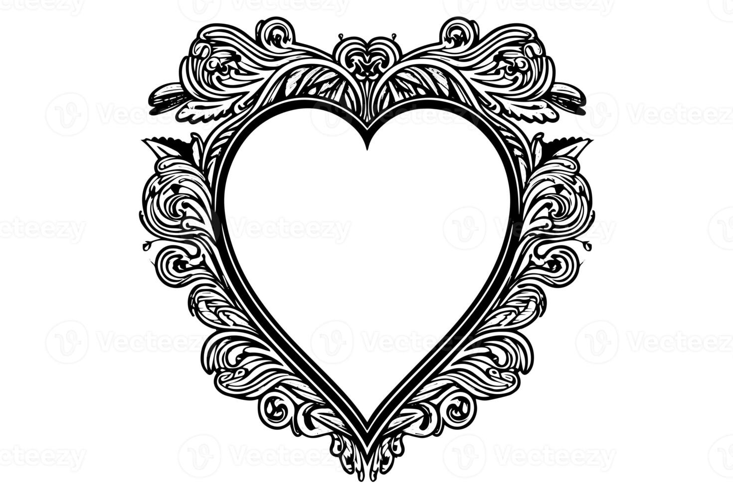 Hand drawn ink sketch of retro photo frame heart shaped. Vector illustration.