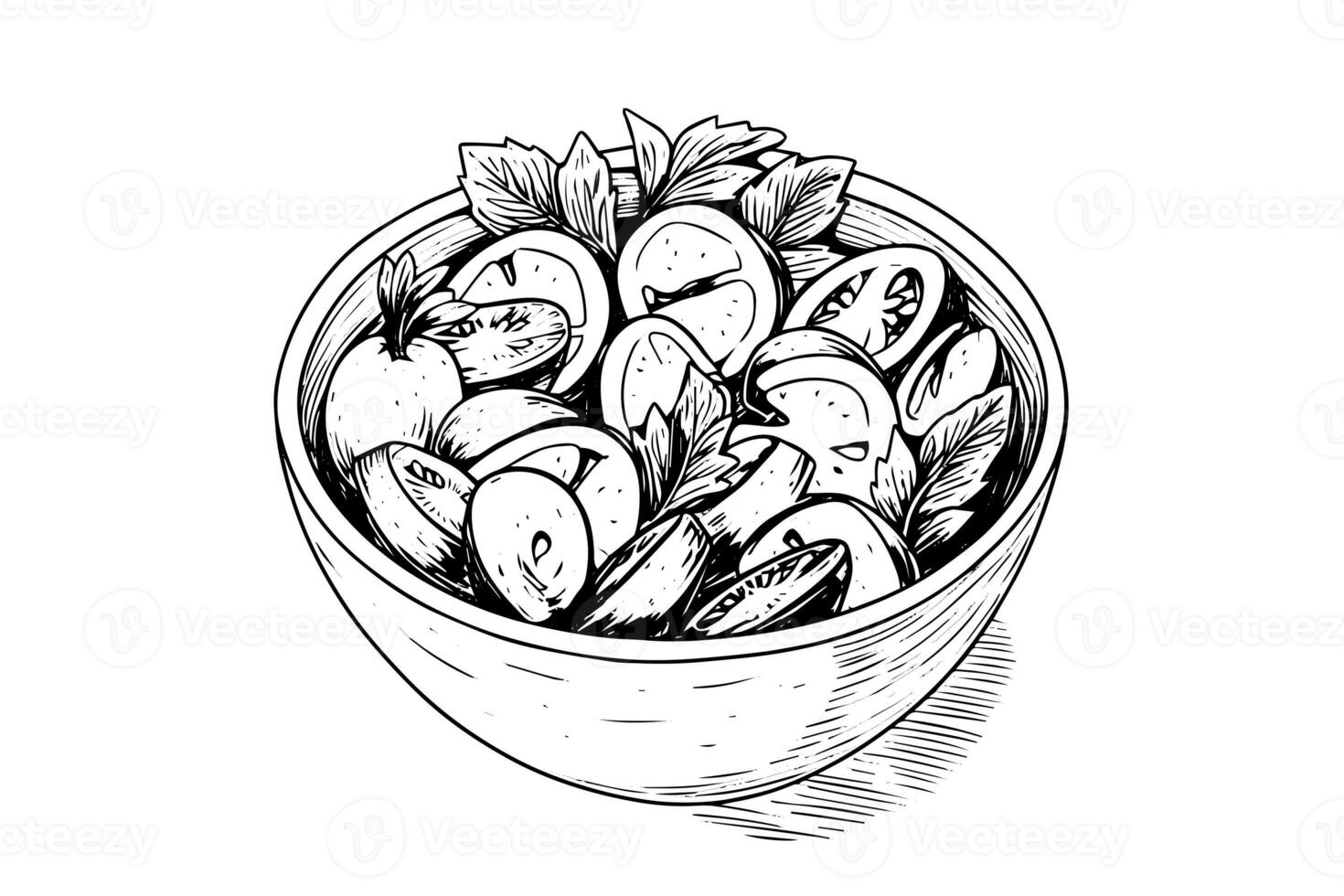 cuenco vegetales ensalada tinta bosquejo mano dibujado. grabado estilo vector ilustración. foto